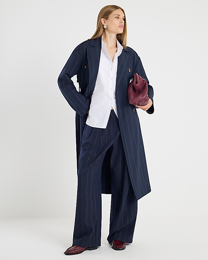 Navy Pinstripe Tailored Trench Coat