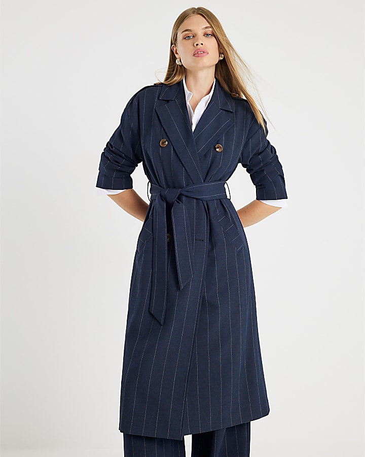 Navy Pinstripe Tailored Trench Coat