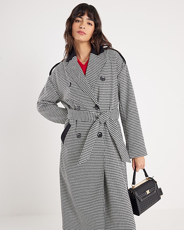 Black Dogtooth Print Tailored Trench Coat