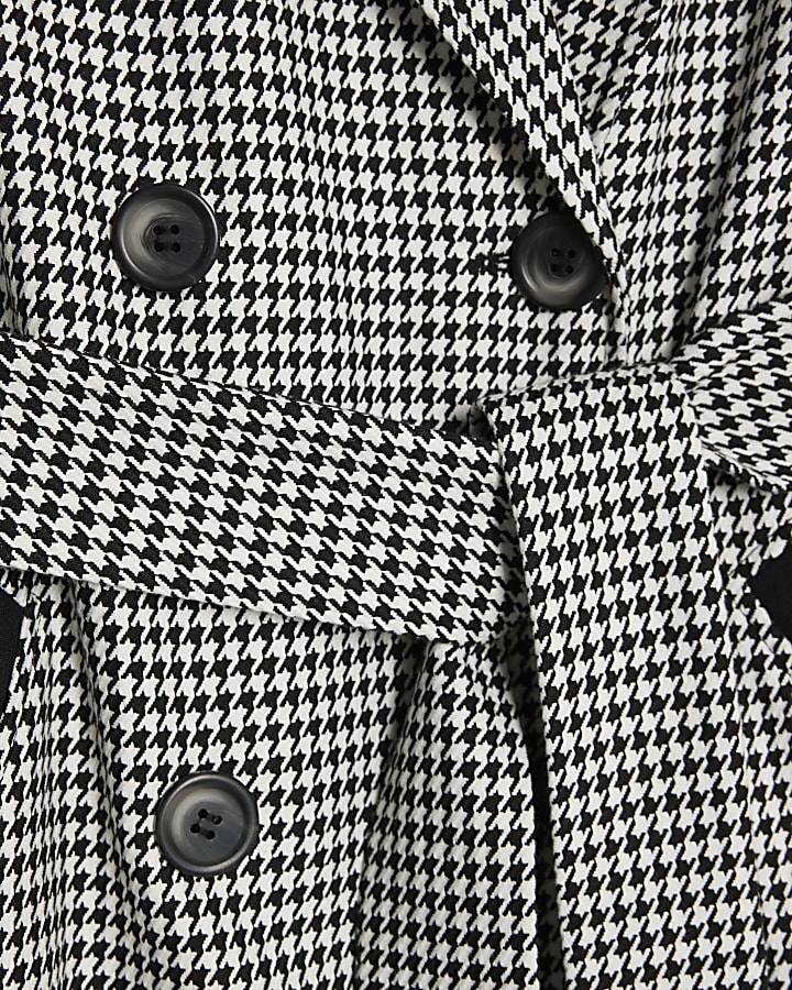 Black Dogtooth Print Tailored Trench Coat