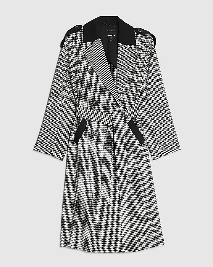 Black Dogtooth Print Tailored Trench Coat