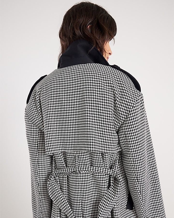 Black Dogtooth Print Tailored Trench Coat