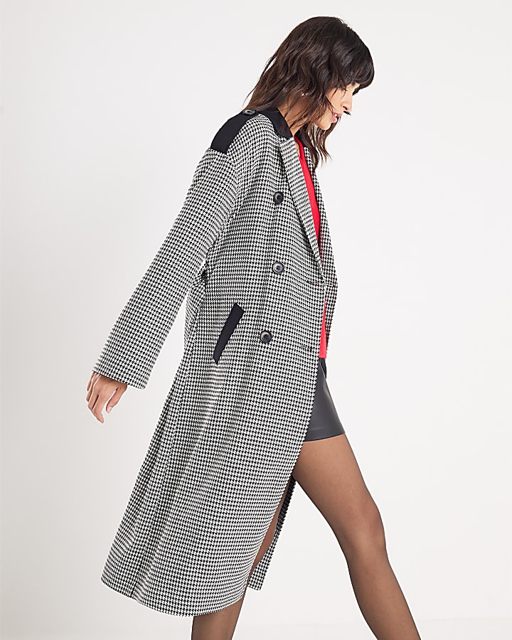 Black Dogtooth Print Tailored Trench Coat
