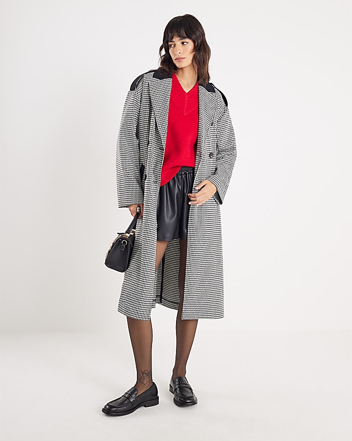 Black Dogtooth Print Tailored Trench Coat