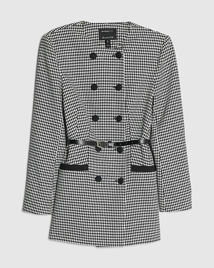 Black Dogtooth Print Structured Blazer