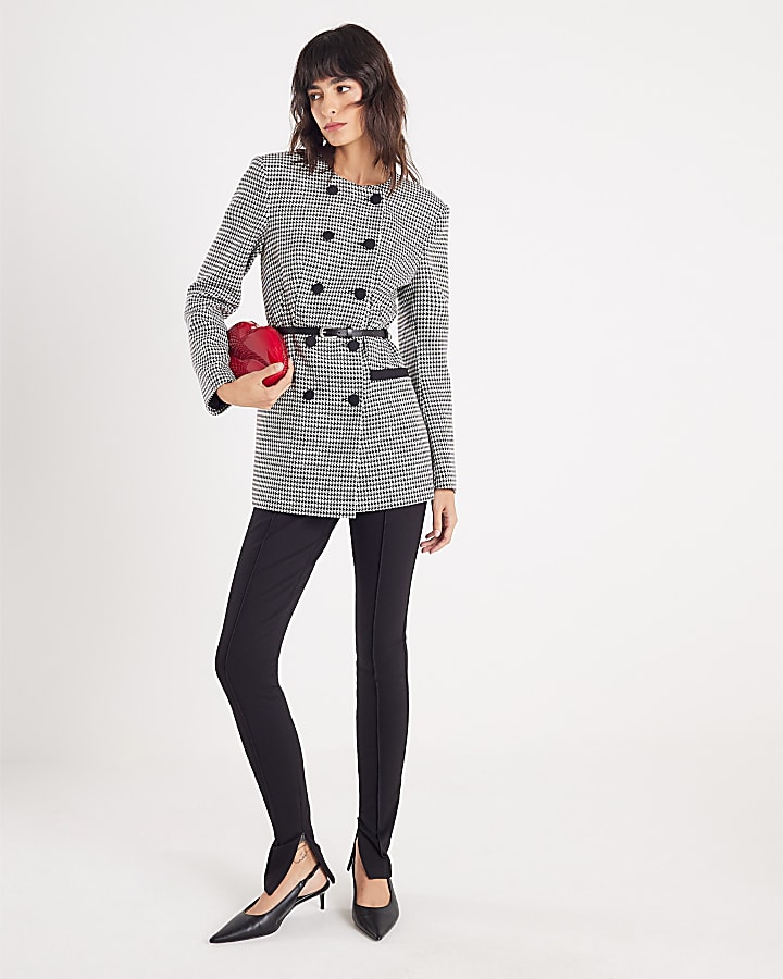 Black Dogtooth Print Structured Blazer