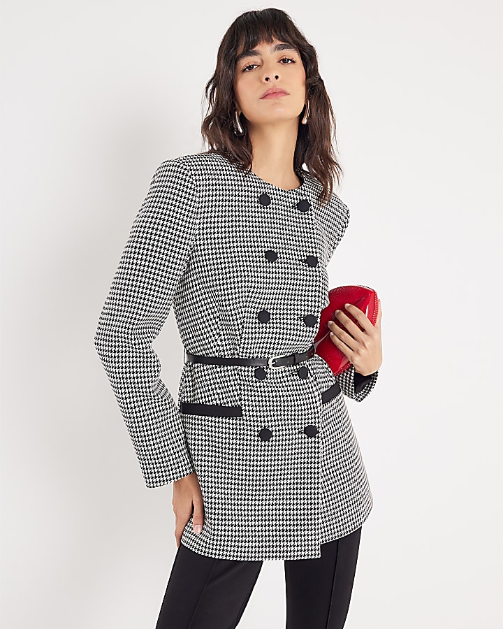 Black Dogtooth Print Structured Blazer