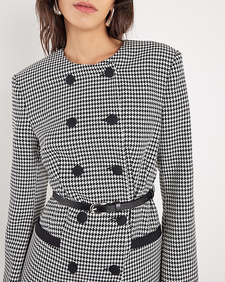 Black Dogtooth Print Structured Blazer