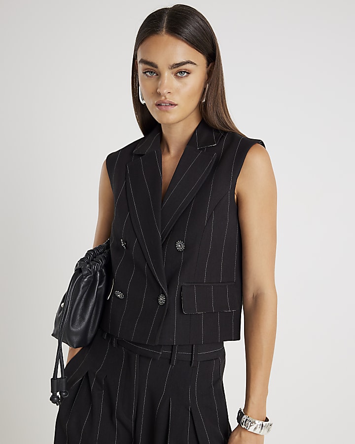 Black Pinstripe Boxy Fit Sleeveless Waistcoat