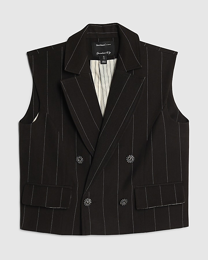 Black Pinstripe Boxy Fit Sleeveless Waistcoat