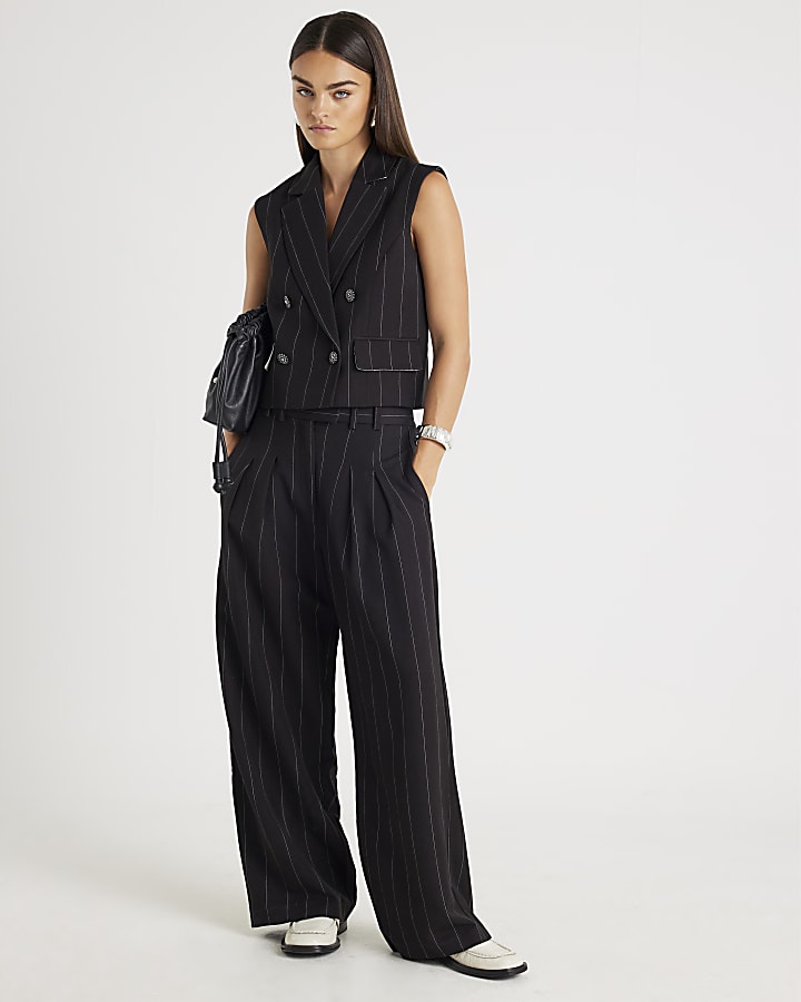 Black Pinstripe Boxy Fit Sleeveless Waistcoat