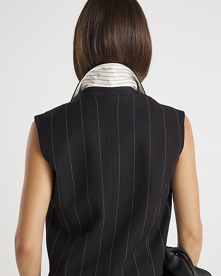Black Pinstripe Boxy Fit Sleeveless Waistcoat