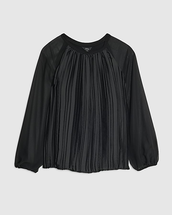 Black Jersey Back Pleated Long Sleeve Top