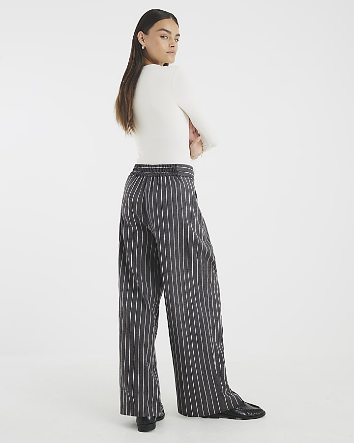 Grey Striped Wide Leg Trousers
