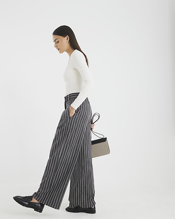 Grey Striped Wide Leg Trousers