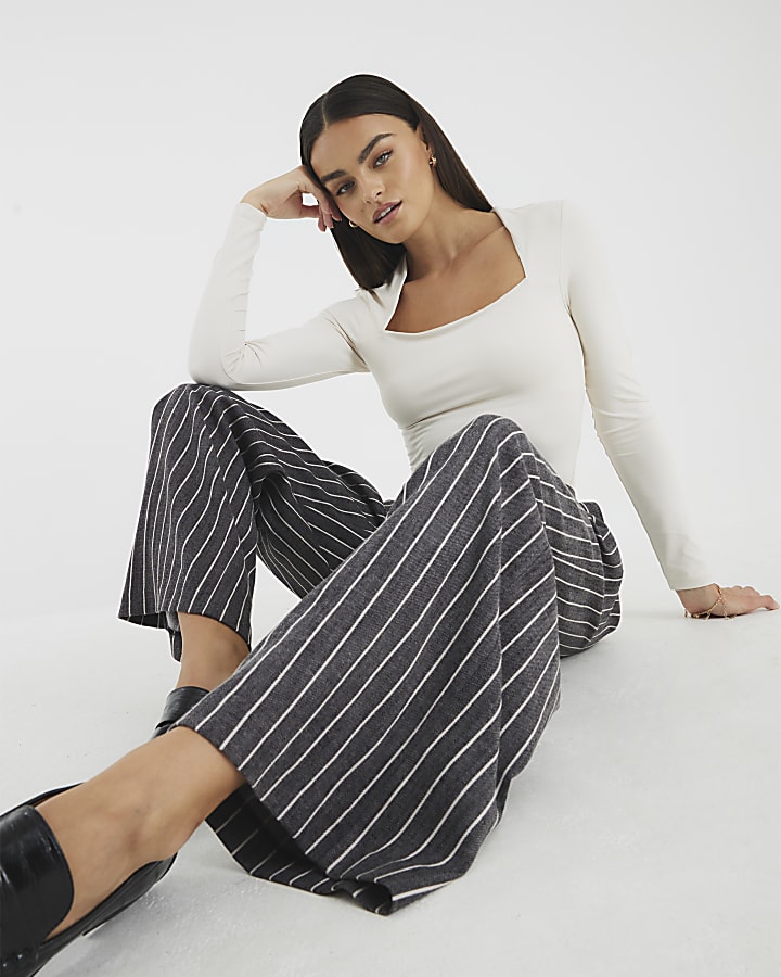 Grey Striped Wide Leg Trousers