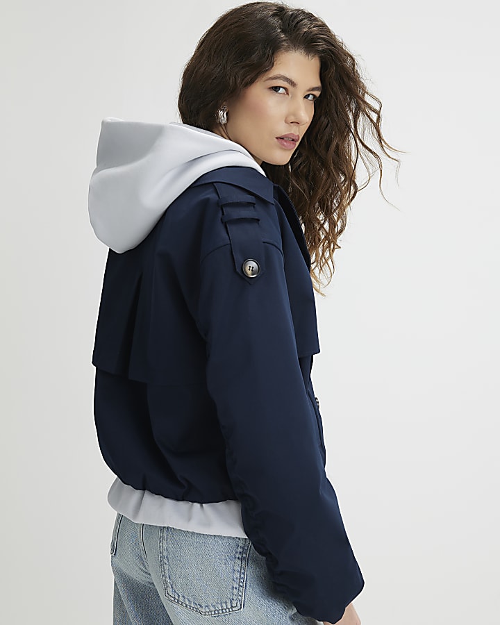 Navy Short Bubble Hem Trench Jacket