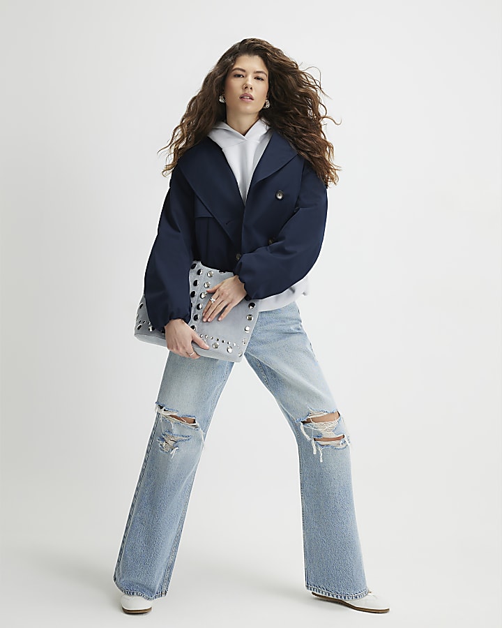Navy Short Bubble Hem Trench Jacket