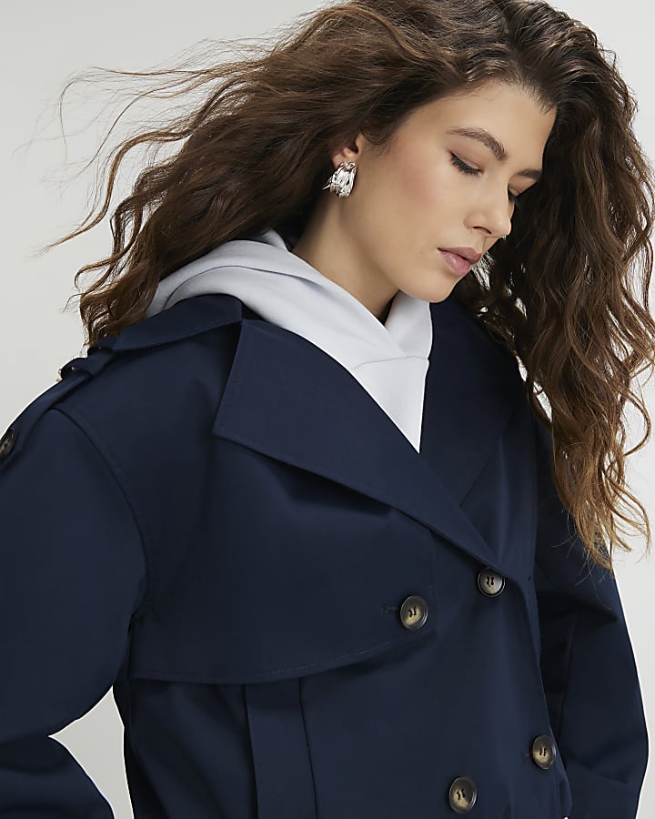 Navy Short Bubble Hem Trench Jacket