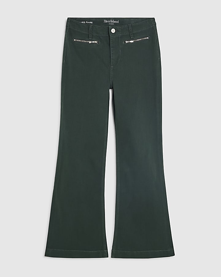 Petite Green Zip Front Relaxed Flare Jeans