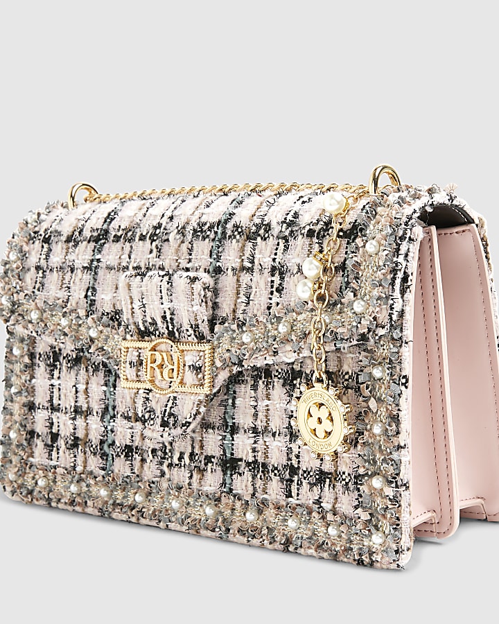 Pink Boucle Panelled Shoulder Bag