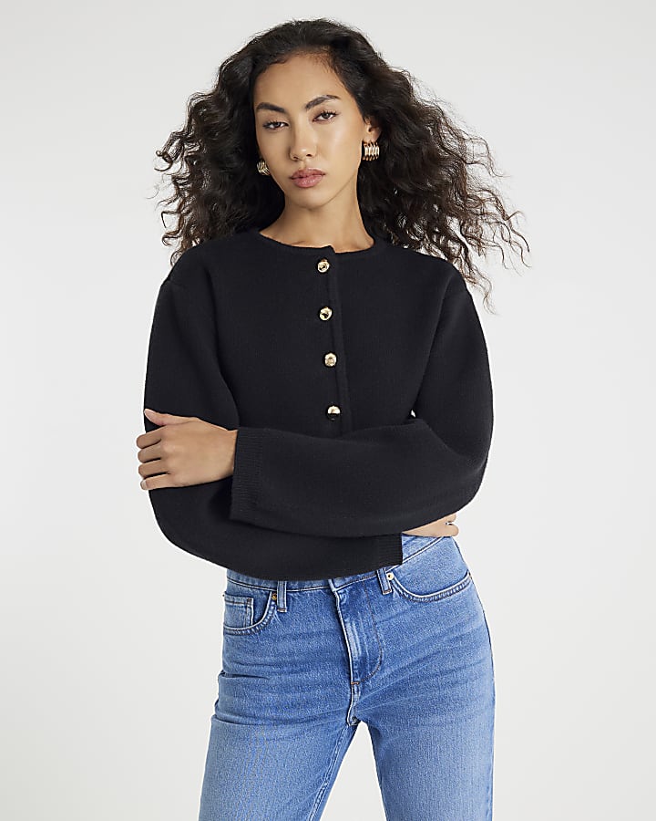 Black Knitted Structured Sleeve Cardigan