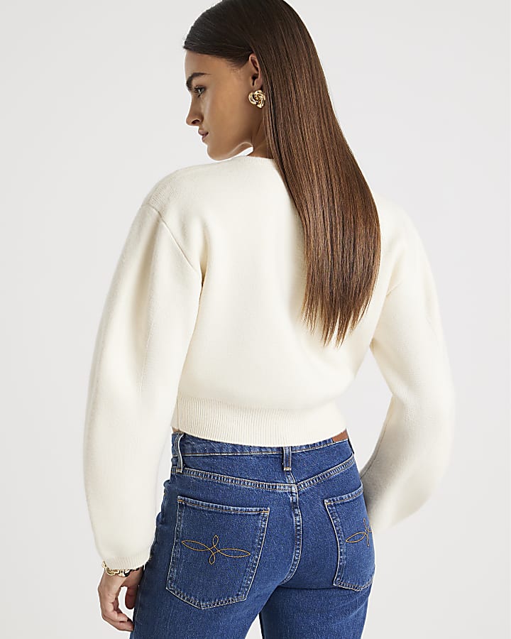 Cream Knitted Structured Sleeve Cardigan