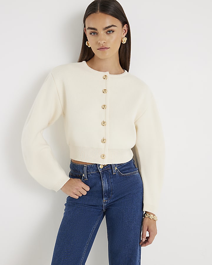 Cream Knitted Structured Sleeve Cardigan