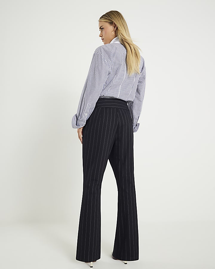 Petite Black Pinstripe Buckle Flared Trousers
