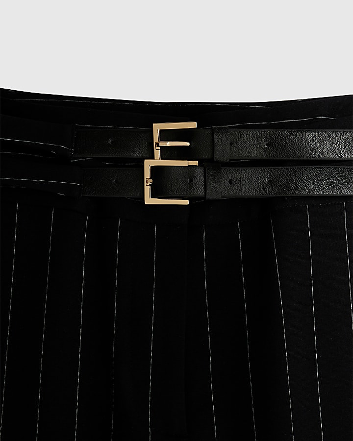 Petite Black Pinstripe Buckle Flared Trousers