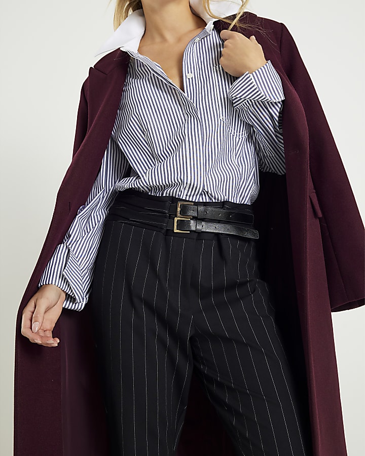 Petite Black Pinstripe Buckle Flared Trousers