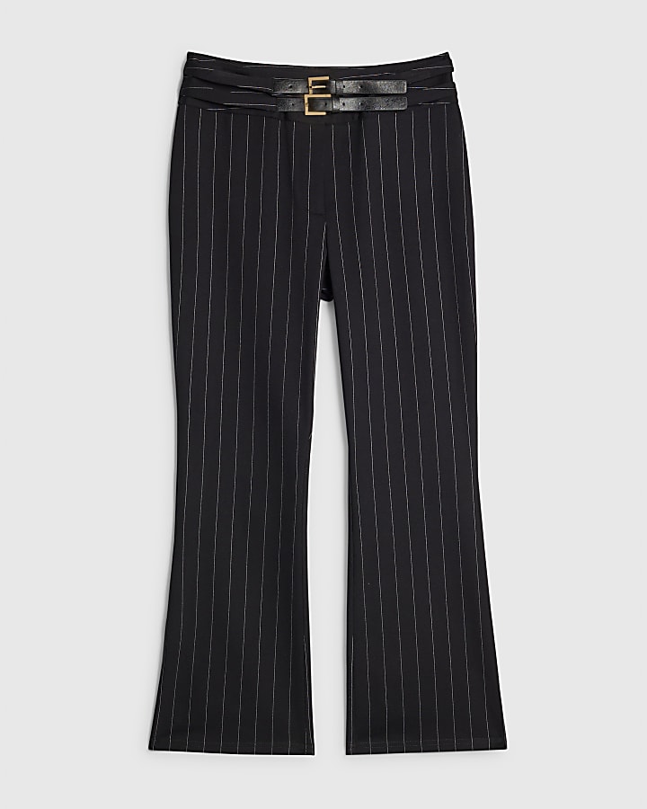Petite Black Pinstripe Buckle Flared Trousers