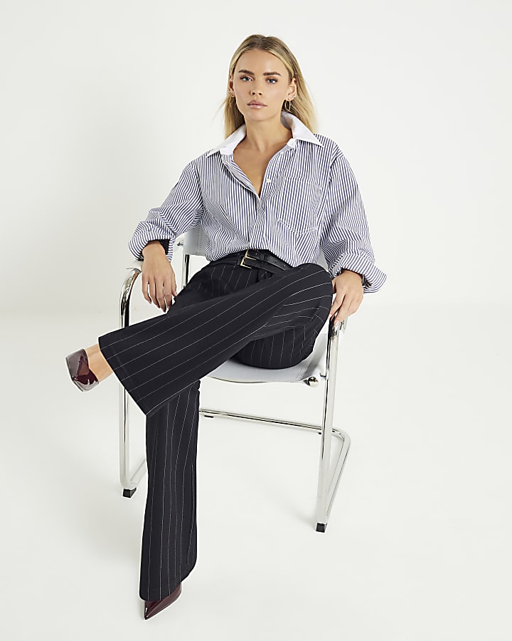 Petite Black Pinstripe Buckle Flared Trousers