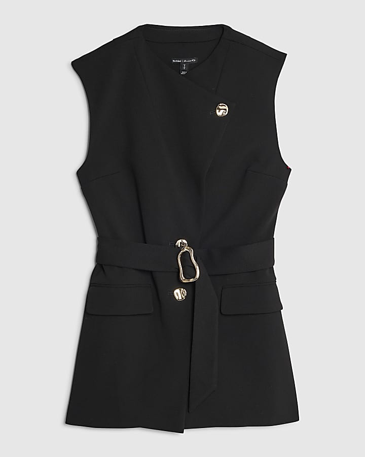 Petite Black Sleeveless Belted Waistcoat