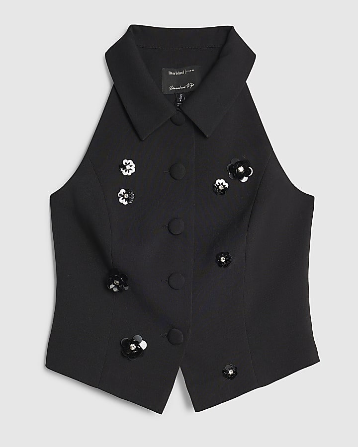 Black Embellished Collared Waistcoat