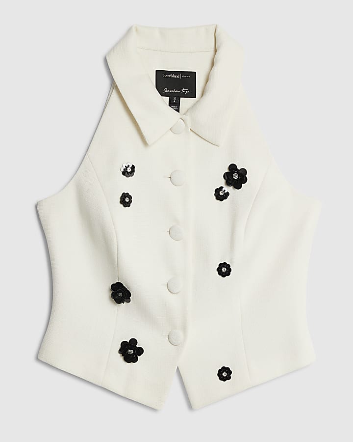 White Embellished Collared Waistcoat
