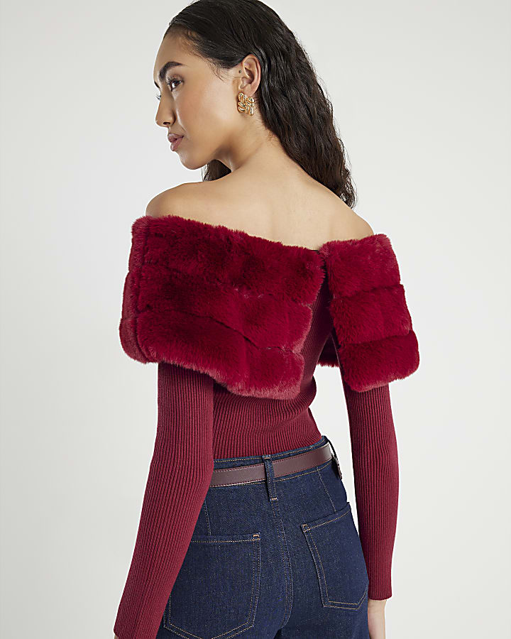 Red Faux Fur Trim Bardot Jumper