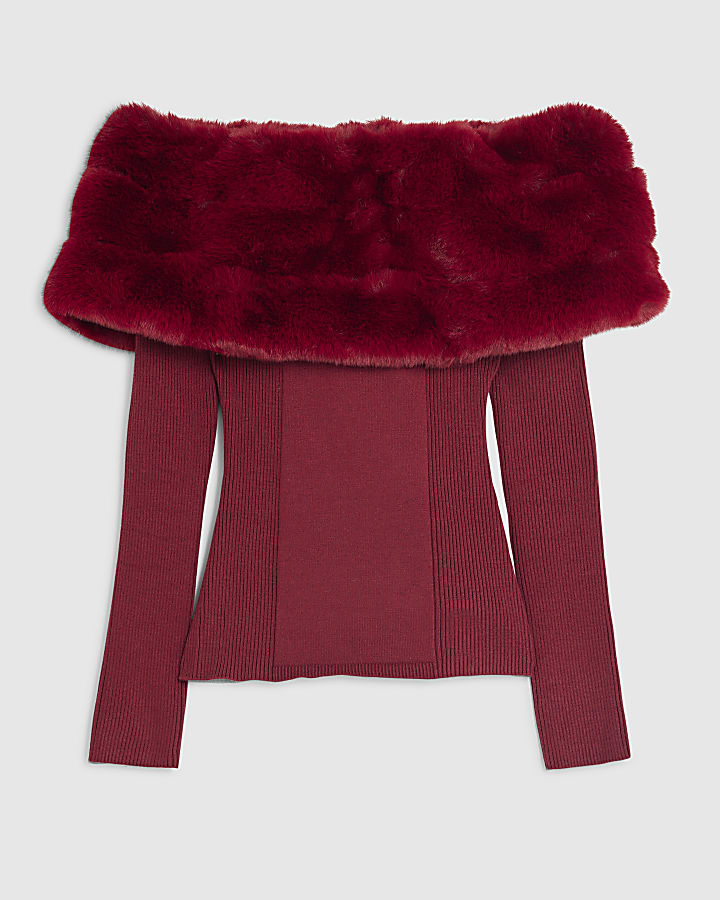 Red Faux Fur Trim Bardot Jumper