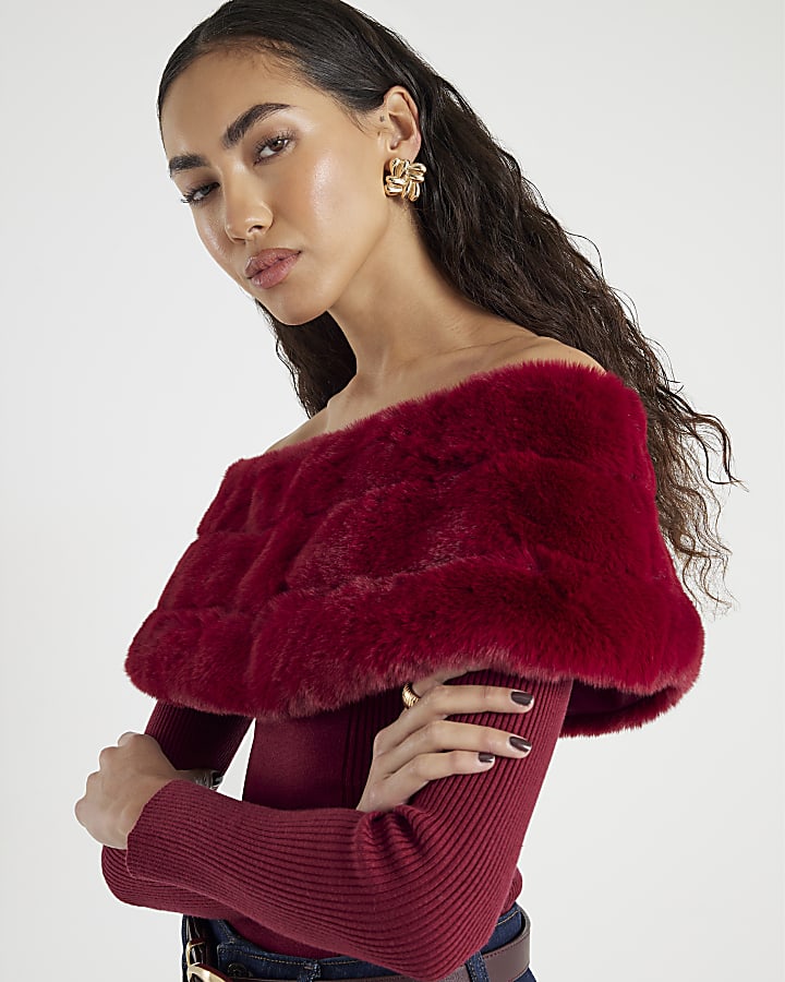 Red Faux Fur Trim Bardot Jumper