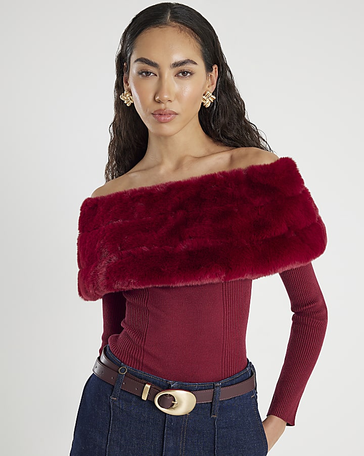 Red Faux Fur Trim Bardot Jumper