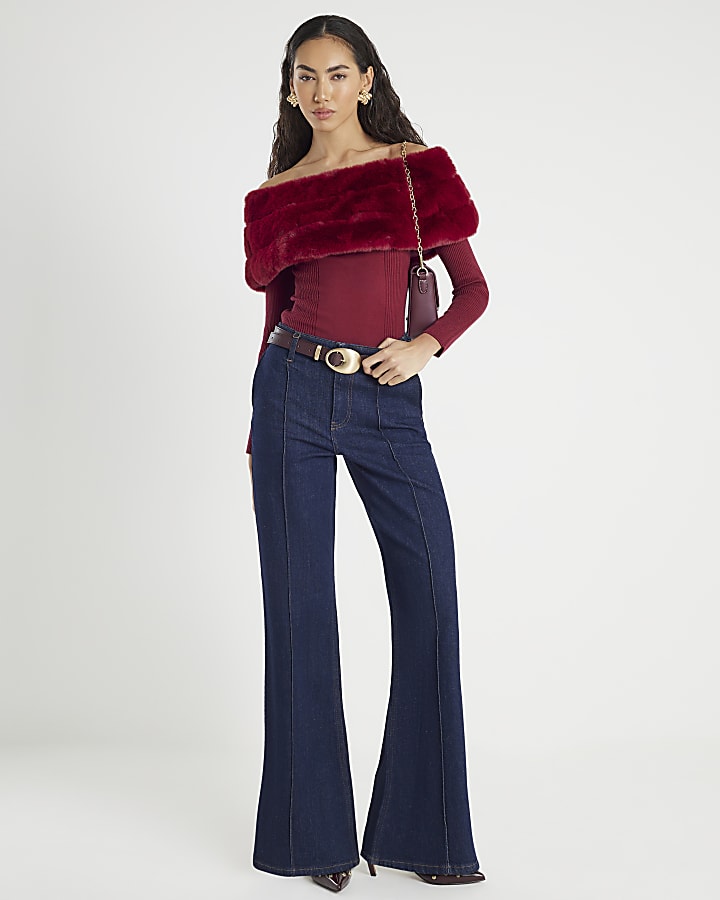 Red Faux Fur Trim Bardot Jumper