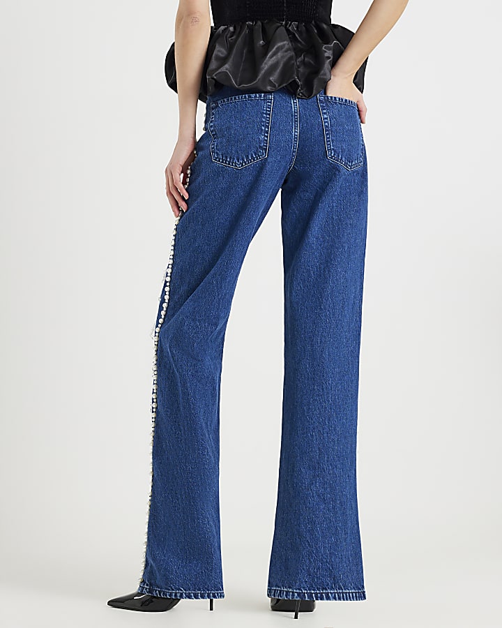 Blue Embellished Relaxed Straight Leg Jeans