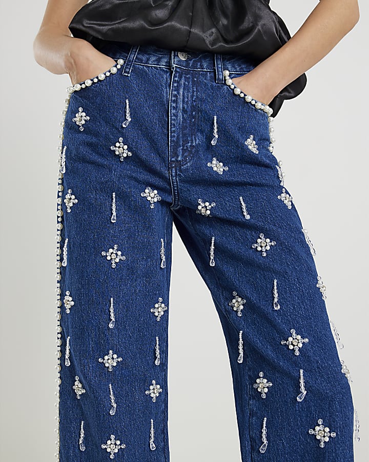Blue Embellished Relaxed Straight Leg Jeans
