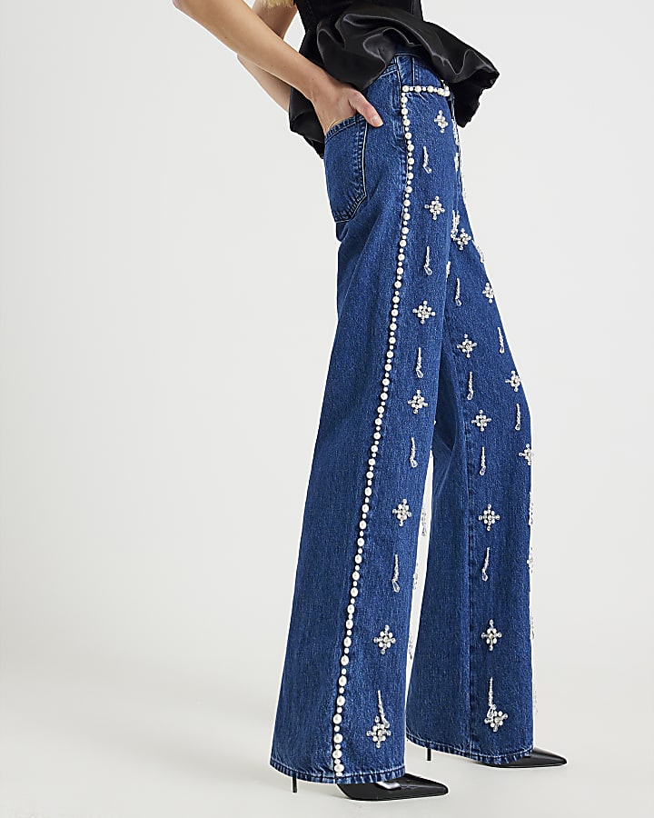 Blue Embellished Relaxed Straight Leg Jeans