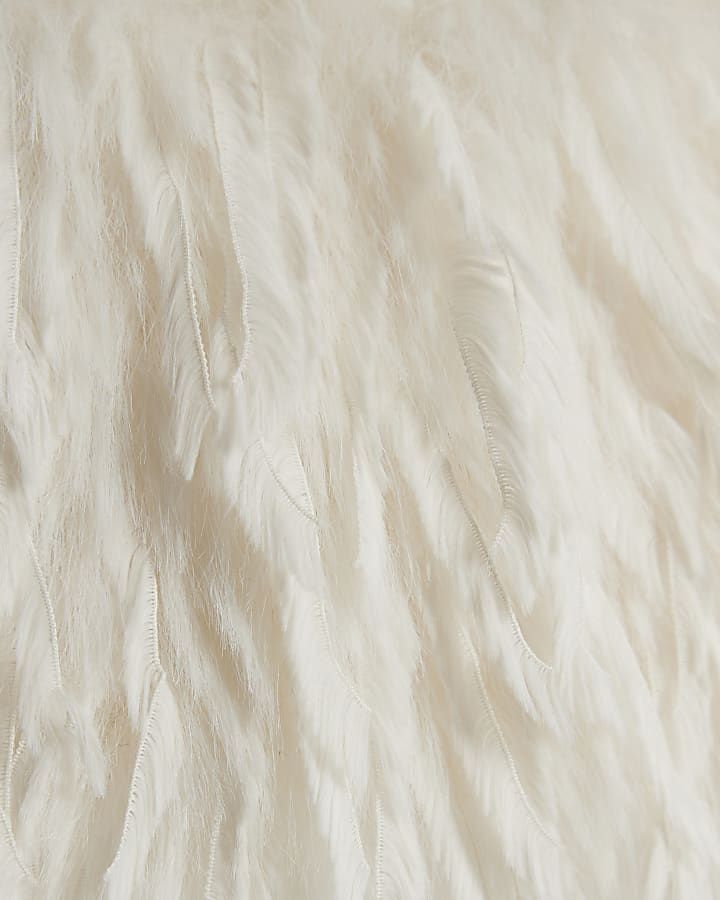 Cream Knitted Slash Neck Feather Cuff Top