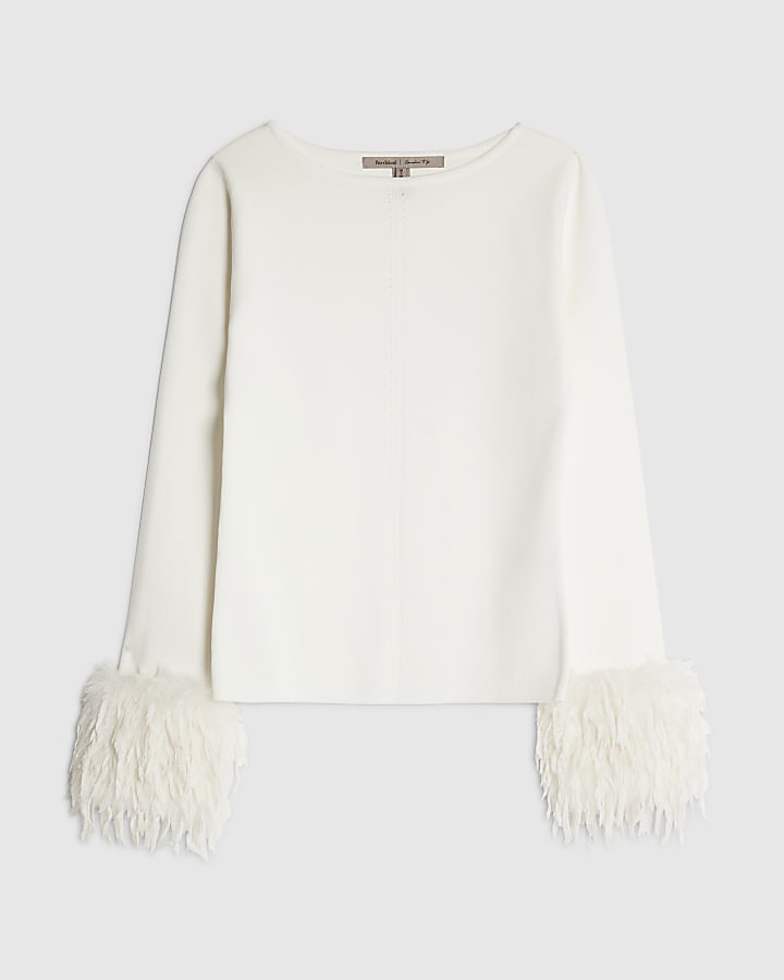 Cream Knitted Slash Neck Feather Cuff Top