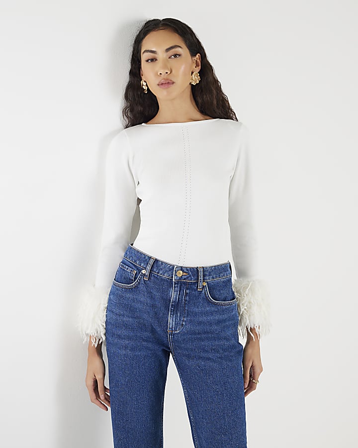 Cream Knitted Slash Neck Feather Cuff Top