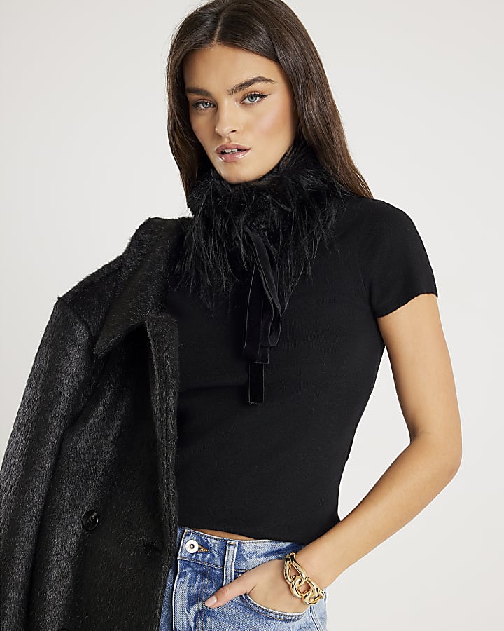 Black Faux Fur Collar Top
