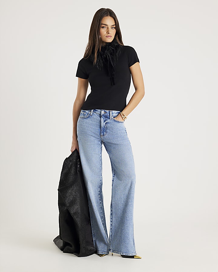 Black Faux Fur Collar Top