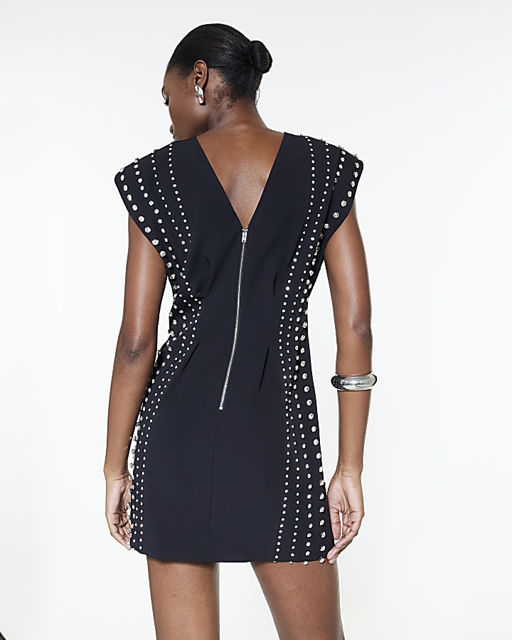 Black Shoulder Pad Studded Mini Dress